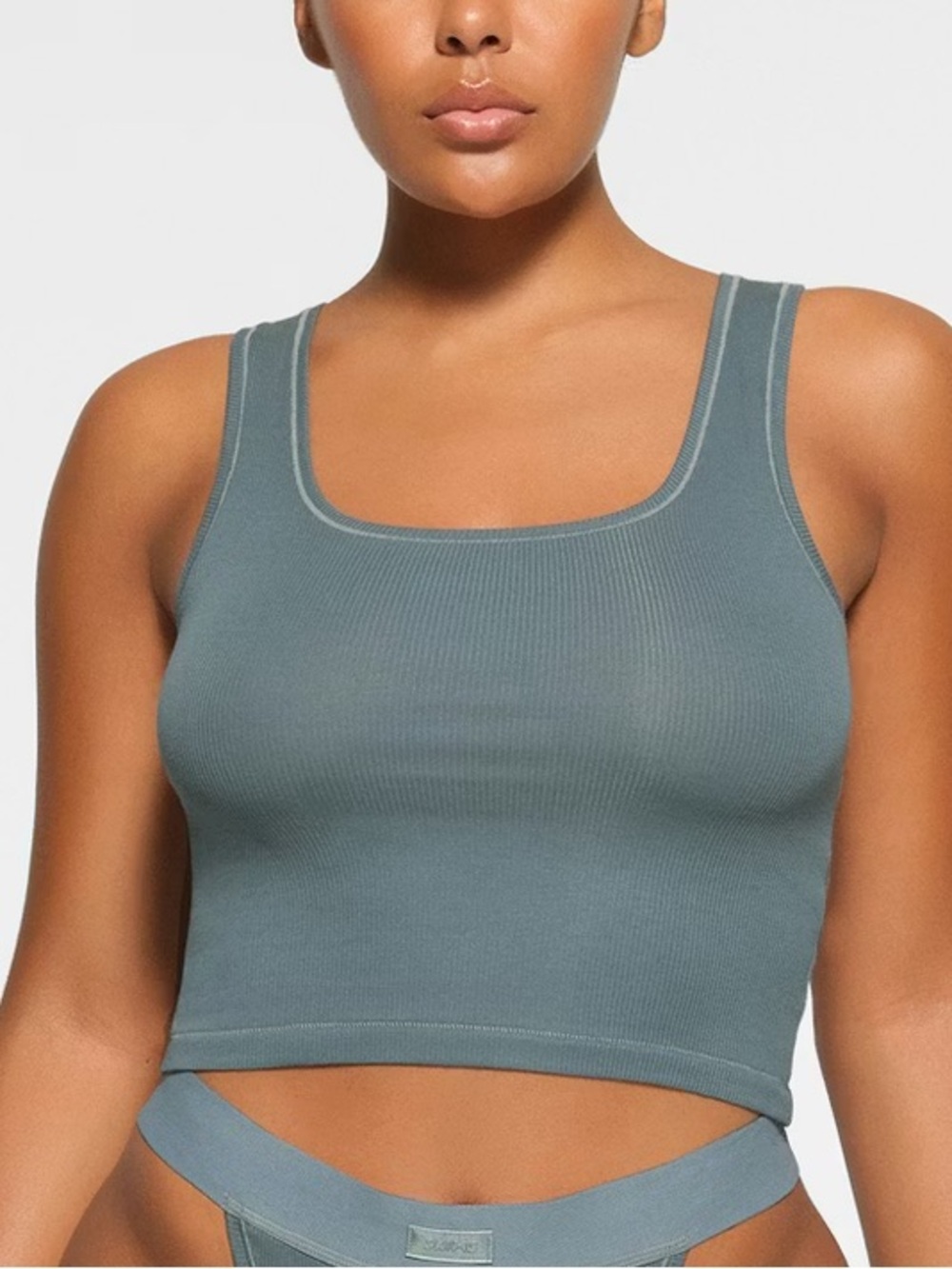 Skims Womens Cotton Ribbed Kyanite Tank Top, Soft, Cropped, Blue Green, Size XS